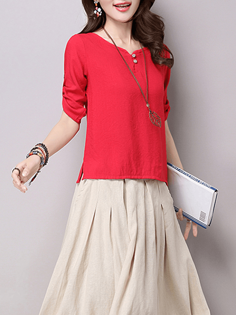 Vintage Women Button Loose Split Hem T-Shirts - MRSLM