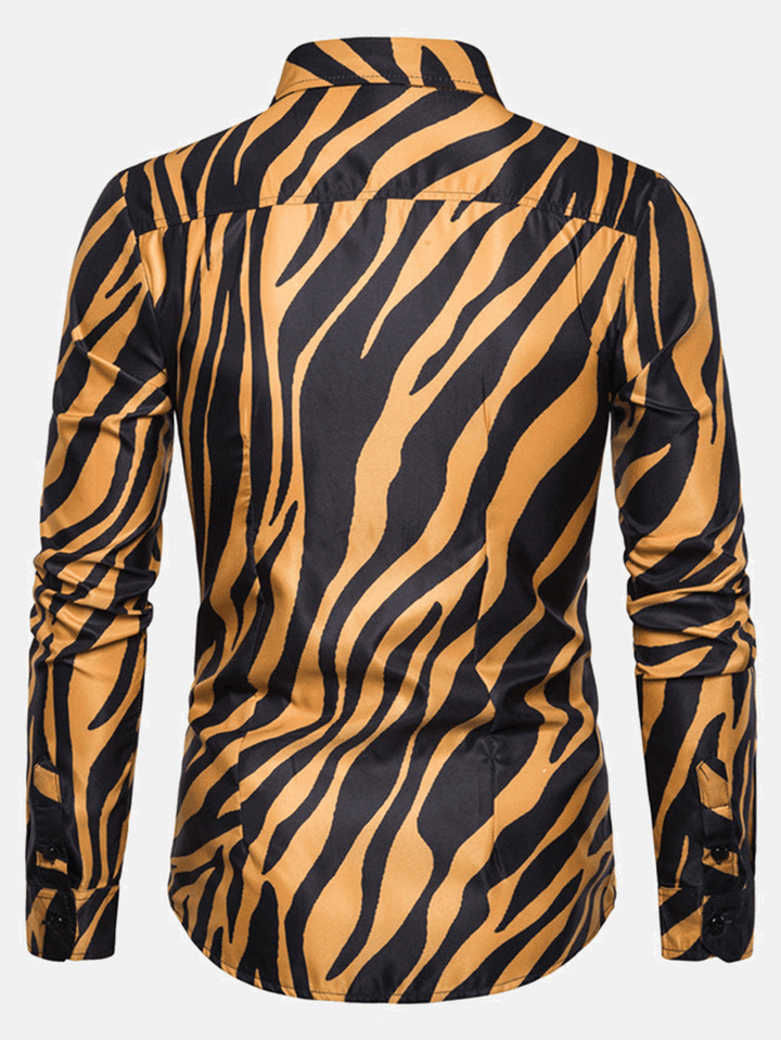 Mens Zebra Pattern Print Stylish Lapel Relaxed Fit Long Sleeve Shirts - MRSLM