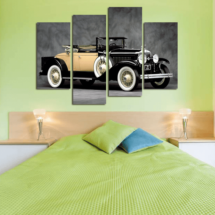 Miico Hand Painted Four Combination Decorative Paintings Retro Yellow Car Wall Art for Home Decoration - MRSLM