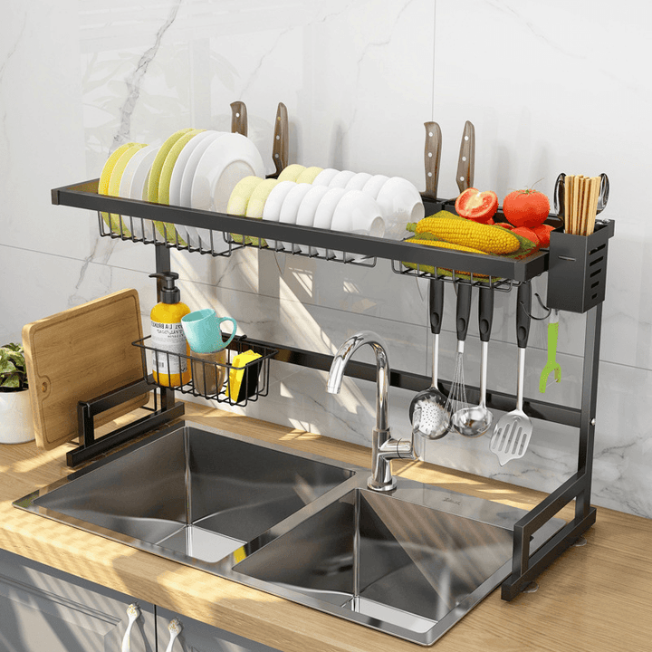 Stainless Kitchen Dish Rack 65/85CM Drainer Cutlery Cup Plates Holder Sink Drip Tray-Single/Double Slot - MRSLM