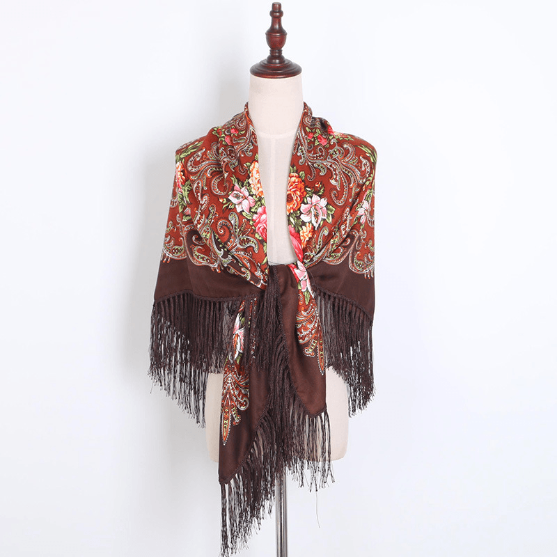 Warm Shawl National Wind Print Tassel Square Towel Travel Female Scarf - MRSLM