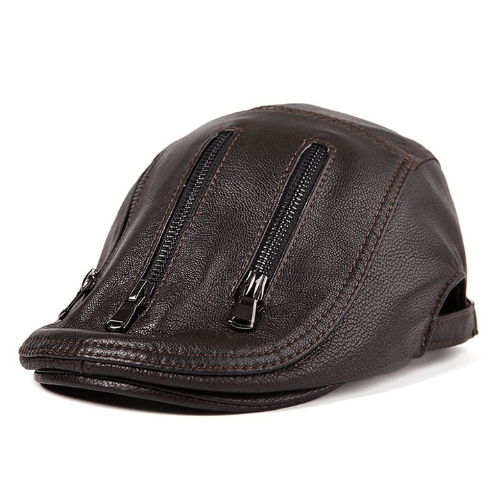 L/ XL/2XL Middle-Aged Leather Windproof Painter Beret Hat Adjustable Thicken Newsboy Caps - MRSLM