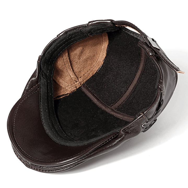 Mens Warm Real Cowhide Leather Strap Adjustable Painter Beret Caps Outdoor Durable Forward Hat - MRSLM