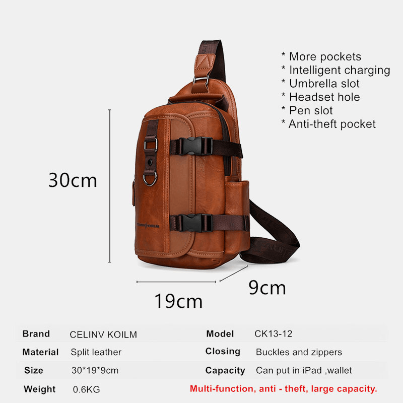 Men PU Leather Large Capacity Multifunction Headset Hole USB Charging Short Trip Sling Bags Crossbody Bag Chest Bag - MRSLM