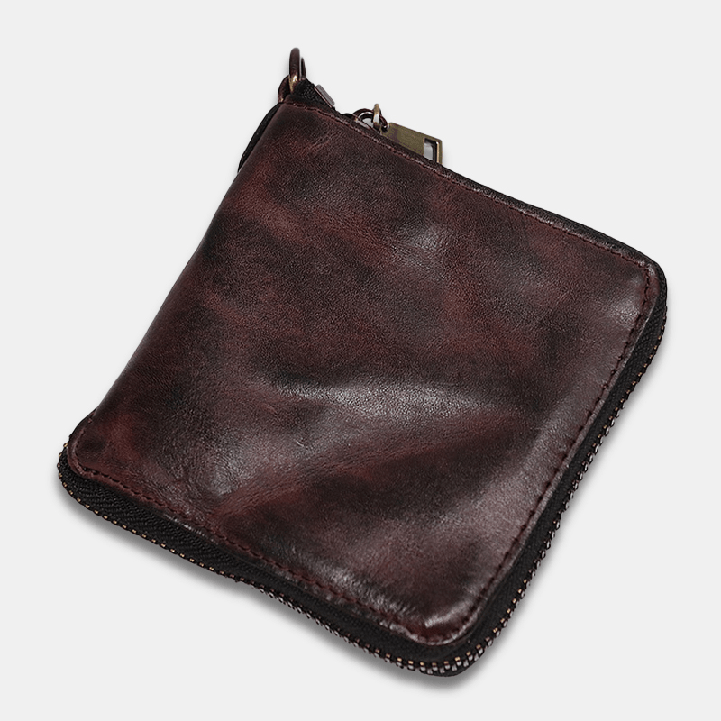 Men Genuine Leather Vintage Short Distressed Folds Zipper Card Holder Coin Purse Money Clip Wallet - MRSLM