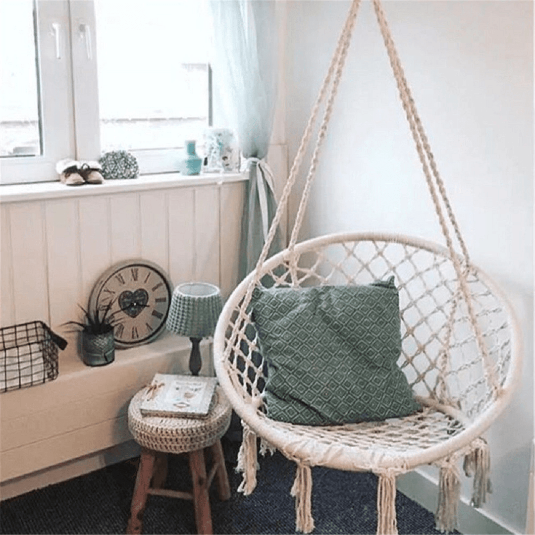 Mesh Hanging Hammock Woven Rope Wooden Bar White Swing Patio Chair Seat Iron Ring+Cotton Rope Mesh Hanging Basket - MRSLM