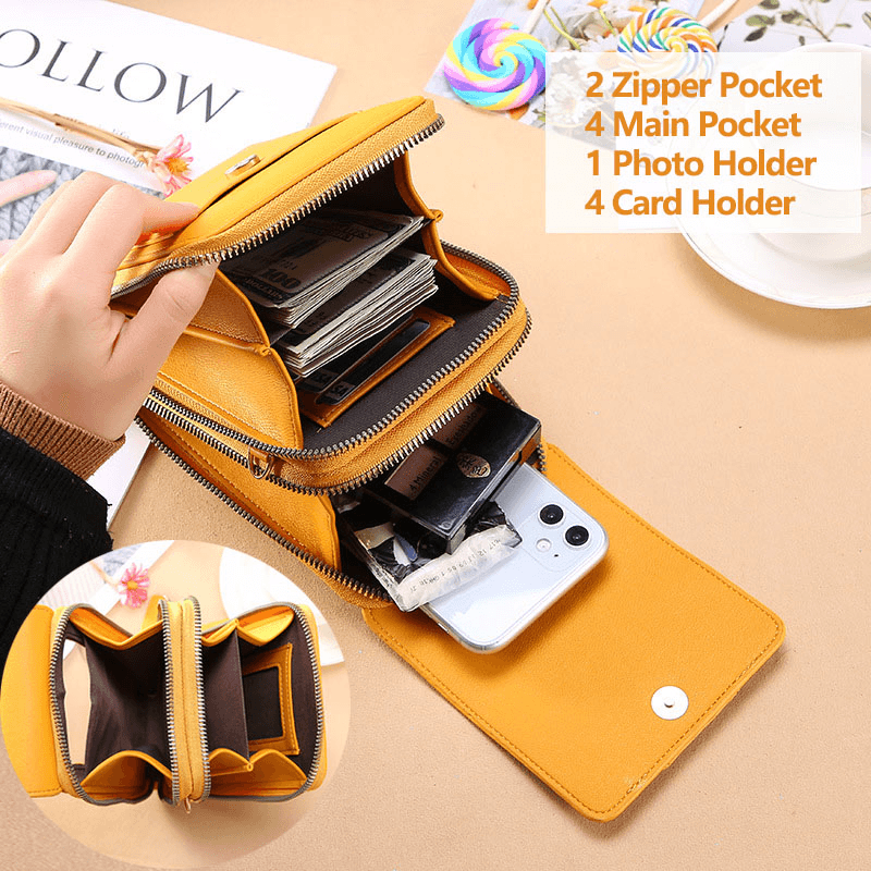 Women Multi-Slots Flap Magnetic Button Stitch Detail Crossbody Bag Multi-Pockets Touch Screen on the Back 7 Inch Phone Bag - MRSLM