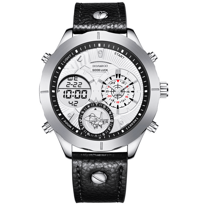 BOAMIGO F940 Dual Time Zones Analog Digital Watch Leather Band LED Light Men Wrist Watch - MRSLM