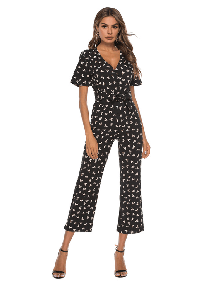 Chiffon V-Neck Print Short Sleeve Causal Jumpsuit - MRSLM