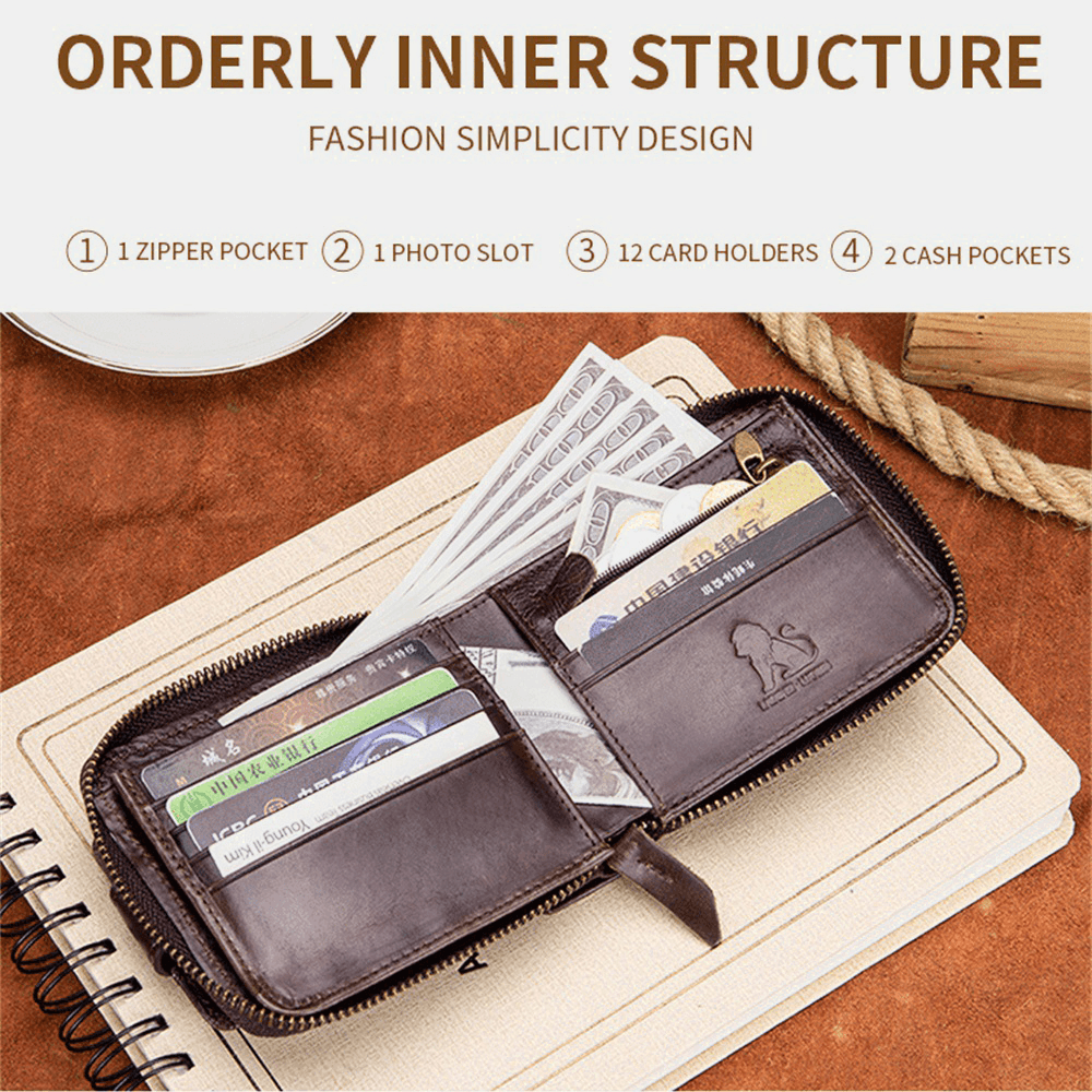 Men Genuine Leather Bifold Large Capacity RFID Anti-Theft 12 Card Slots Card Holder Coin Purse Money Clip Wallet - MRSLM