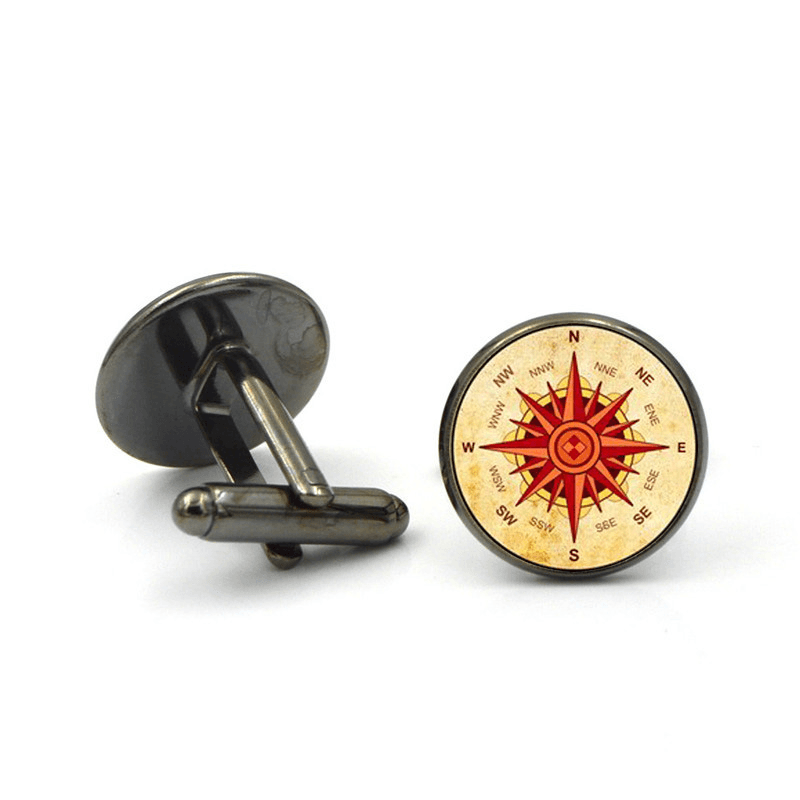 Vintage 1 Pair of Cufflinks Compass Disk round Glass Zinc Alloy Collar Knot Tie Jewelry Accessories - MRSLM