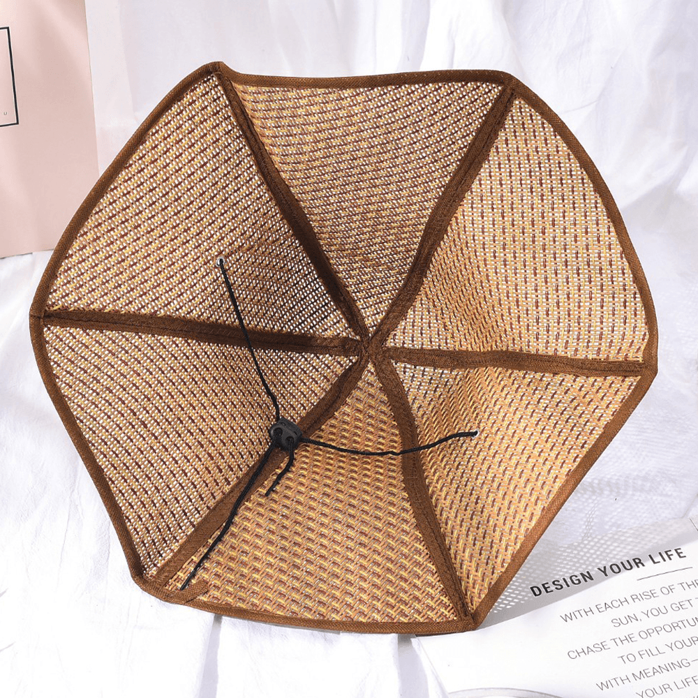 Women Folding Paper Straw Hat Hexagonal Fabric Hemming Sunshade Bucket Hat Sun Hat - MRSLM