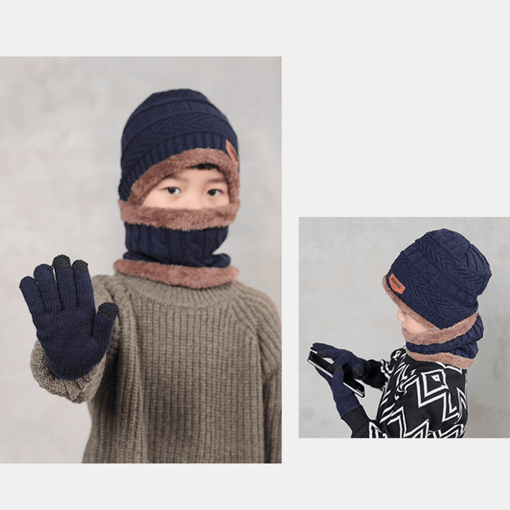 Men Child 3PCS Solid Color Keep Warm Sets Fashion Casual Wool Hat Beanie Scarf Full-Finger Gloves - MRSLM