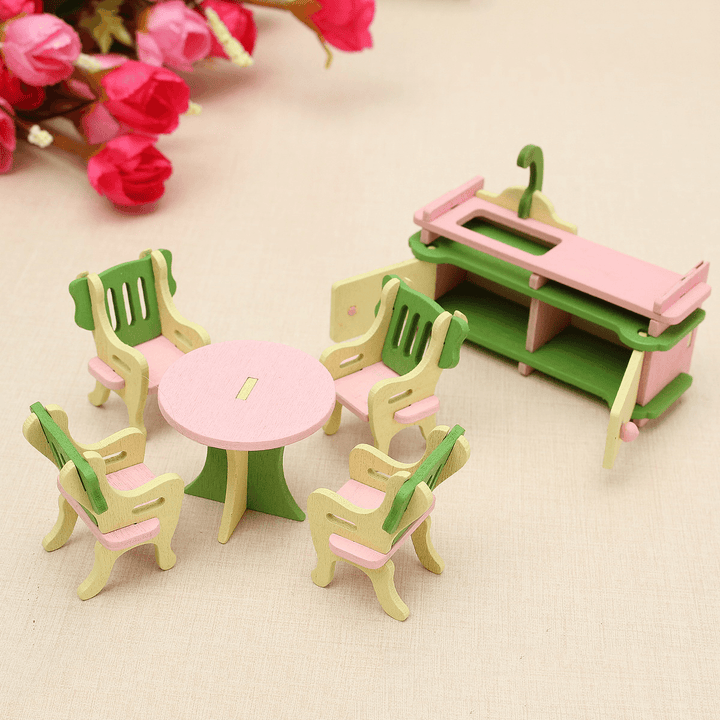 Wooden Furniture Set Doll House Miniature Room Accessories Kids Pretend Play Toy Gift Decor - MRSLM