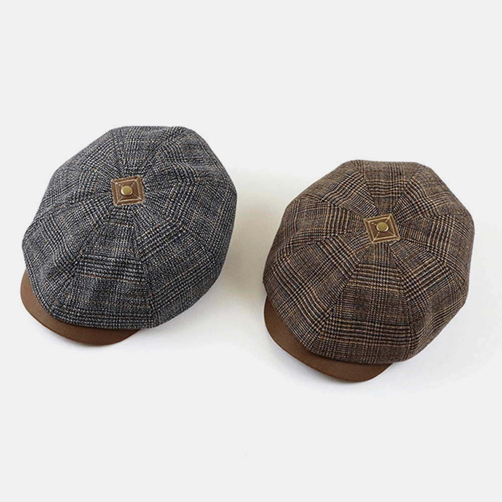Patchwork Color Stitching British Style Retro Short Brim Beret Hat Newsboy Hat Octagonal Hat for Men - MRSLM