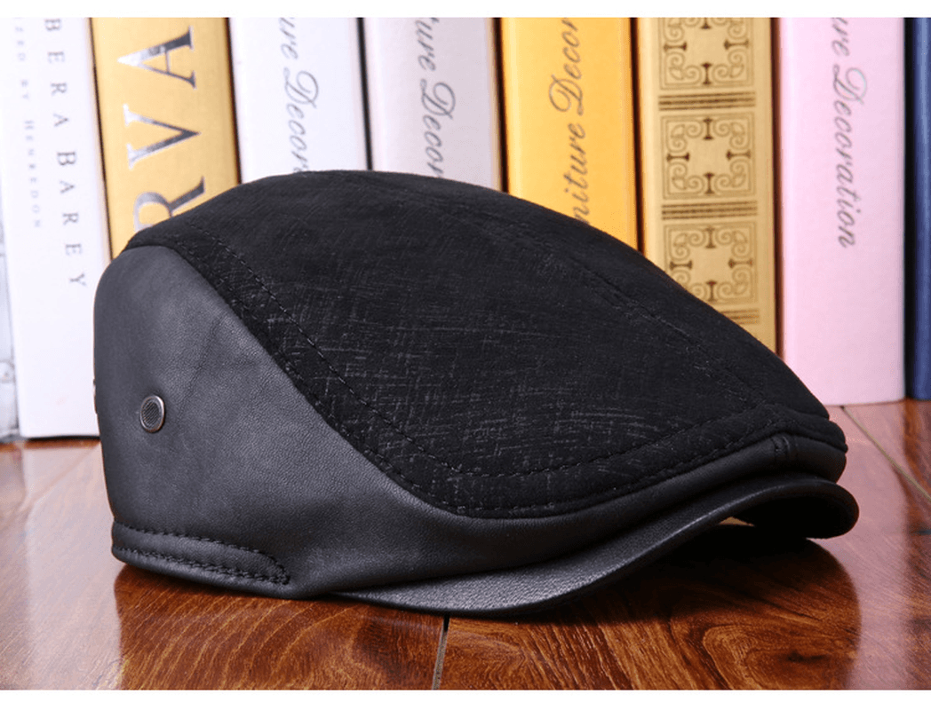 Leather Hat Men'S Sheepskin Ear Protection Leather Suede Beret - MRSLM