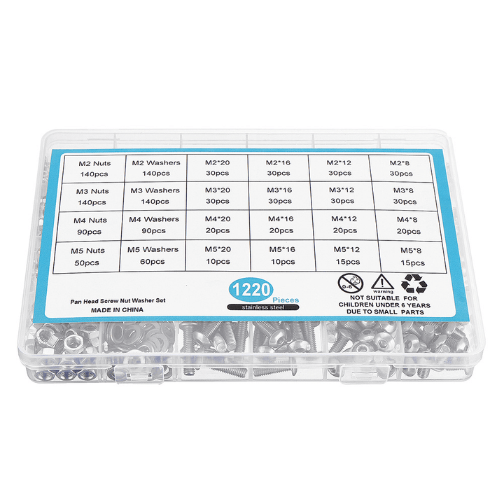 Suleve MXSH9 1220Pcs Stainless Steel Hex Socket Pan Head Screws Bolt Nuts Washers Assortment Kit M2 M3 M4 M5 - MRSLM