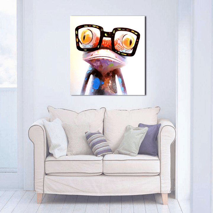 Miico Hand Painted Oil Paintings Animal Modern Art Happy Frog with Glasses on Canvas Wall Art for Home Decoration 20X20Cm - MRSLM