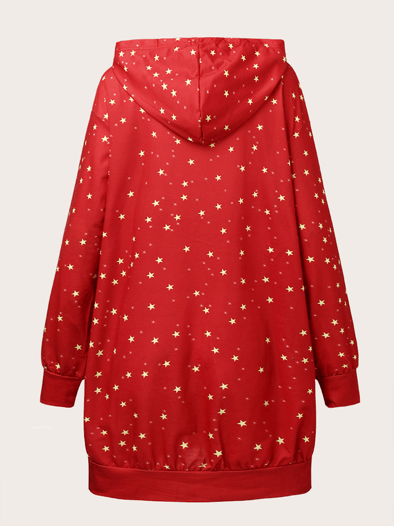 Women Christmas Cartoon Pattern Pocket Print Star Spot Long Sleeve Hooded Sweatshirt - MRSLM