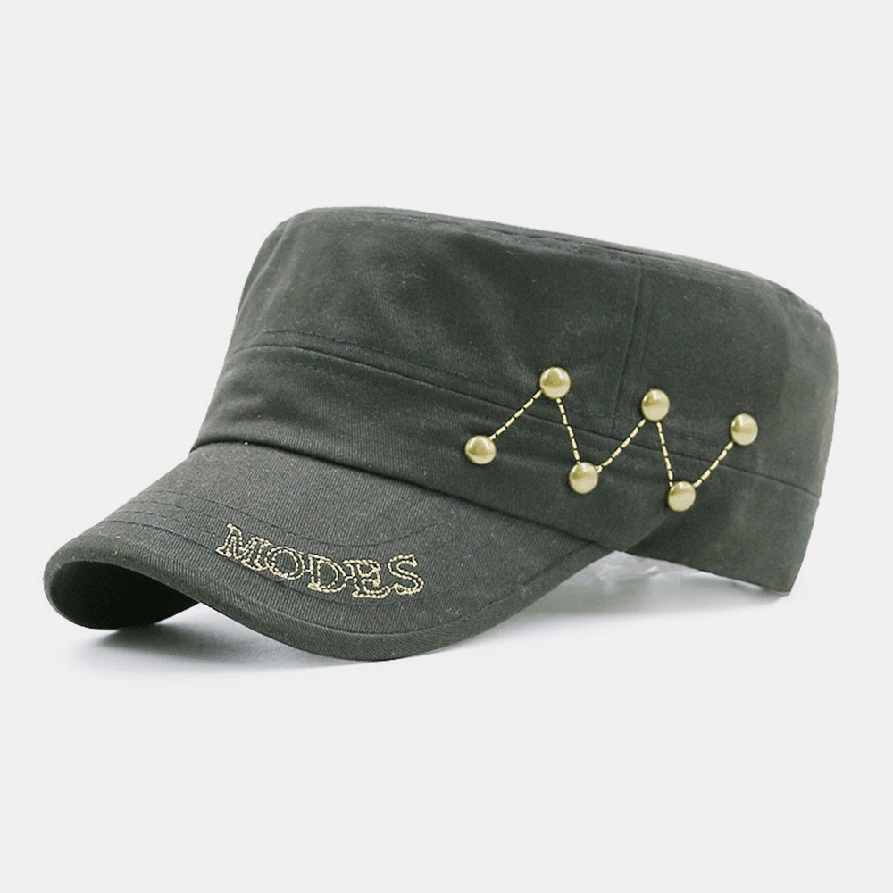 Men Cotton Linen Letters Embroidery Rivet Decoration Outdoor Sunshade Casual Military Cap Flat Cap - MRSLM