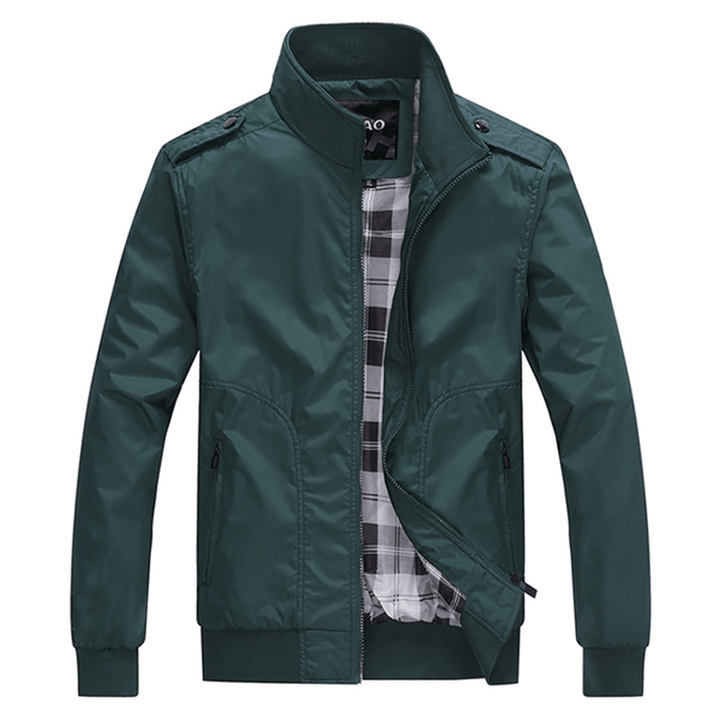 Mens Casual Autumn Stand Collar Jacket Solid Color Nylon Zipper Pocket Coat - MRSLM