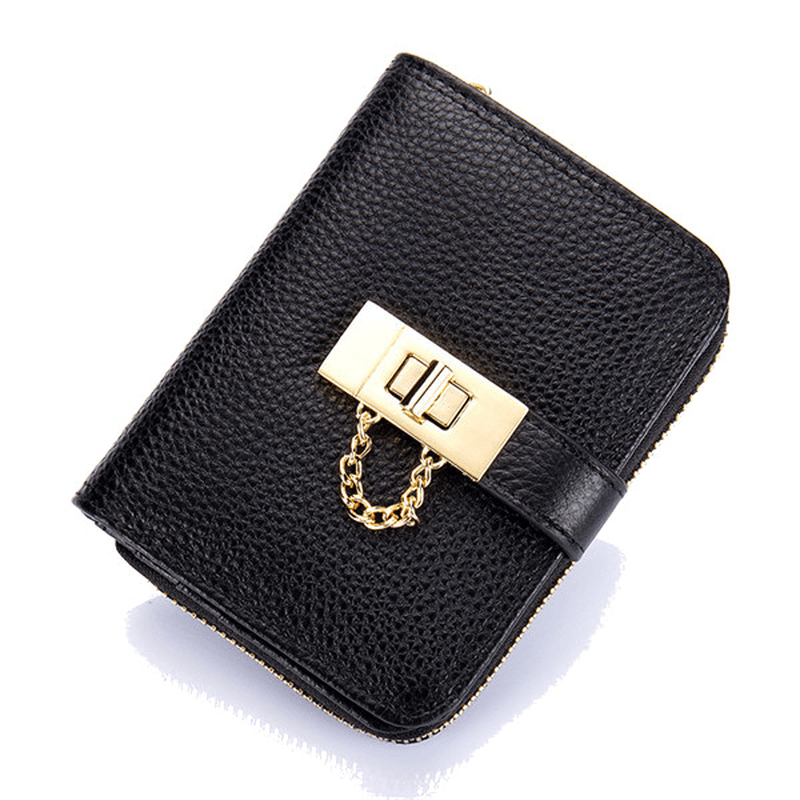 Women Genuine Leather Zipper Card Holder Chain Lock Short Purse Wallets - MRSLM