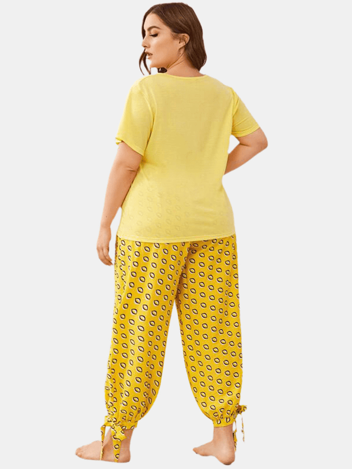 Plus Size Women Solid Color V-Neck Top Print Drawstrig Tie Beam Feet Long Pants Home Pajama Sets - MRSLM