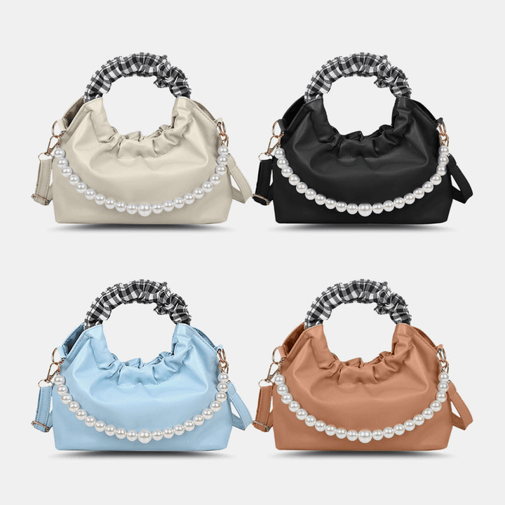 Women Pearls Chain Pleated Pocket Design Handbag Detachable Shoulder Strap Underarm Bag Shoulder Bag Crossbody Bag - MRSLM