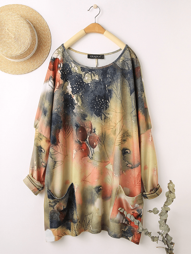 Women Vintage Painting Print O-Neck Casual Loose Long Sleeve Blouse - MRSLM