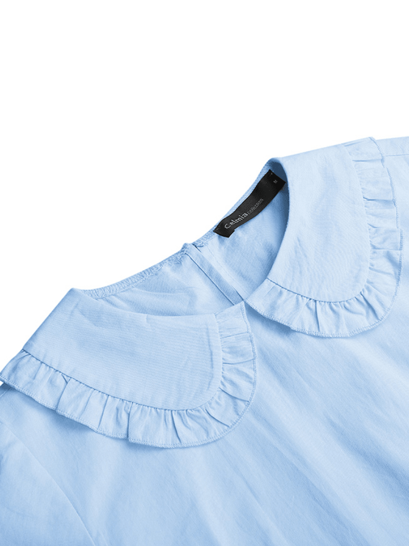 Women Solid Color Doll Collar Fungus Trims A-Line Stitching Short Sleeve Dress - MRSLM