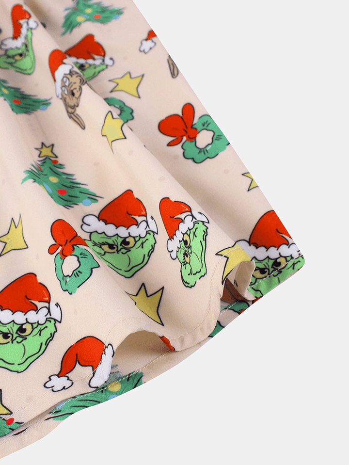 Mens Christmas Cartoon Print Turn down Collar Short Sleeve Shirts - MRSLM