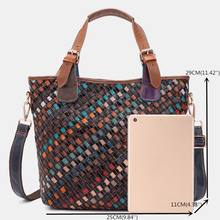 Women Genuine Leather Weave Vintage Handbag Crossbody Bag - MRSLM