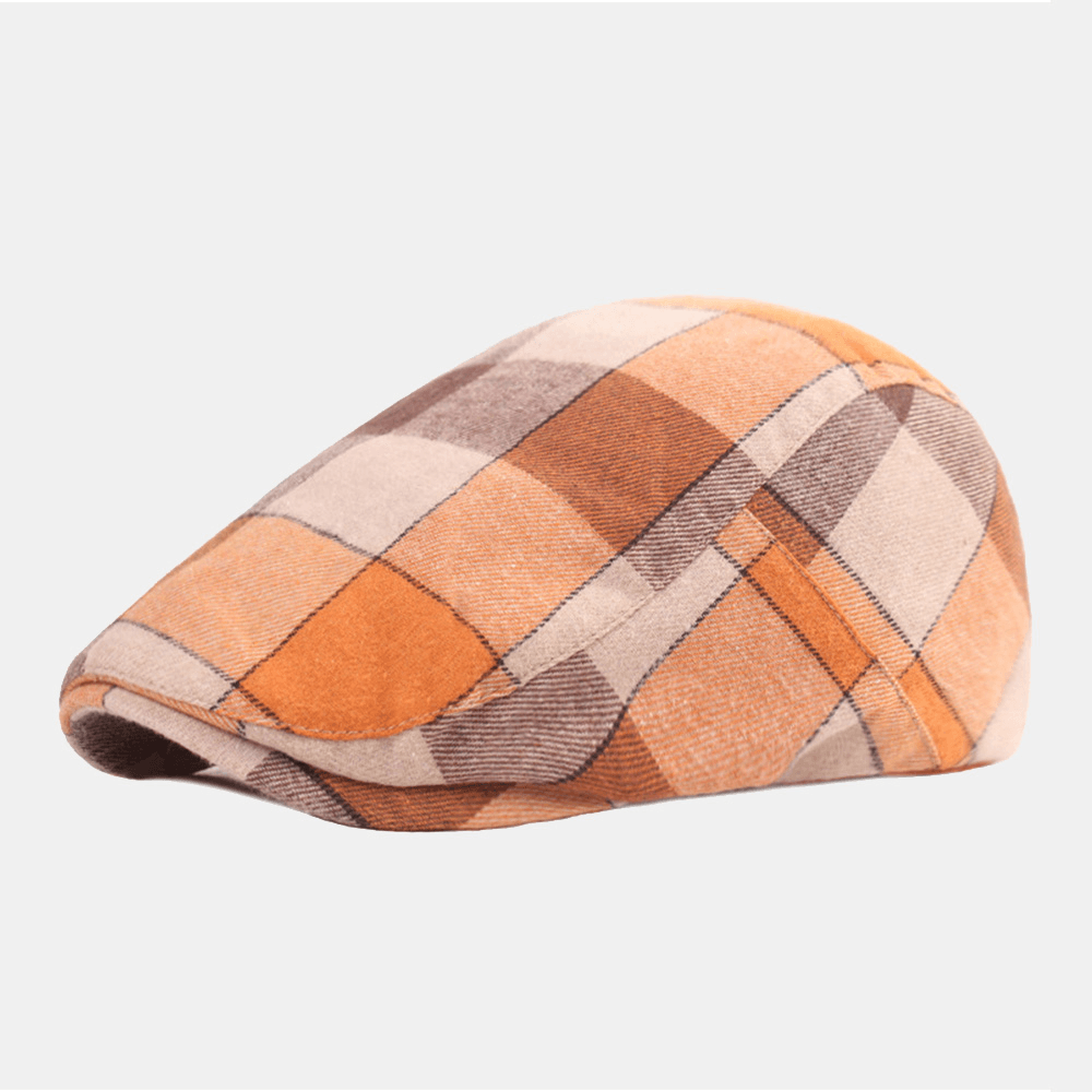 Men Contrasting Colors Plaid Pattern Adjustable Beret Cap Retro Winter Warmth Forward Hat Flat Cap Cabbie Hat - MRSLM