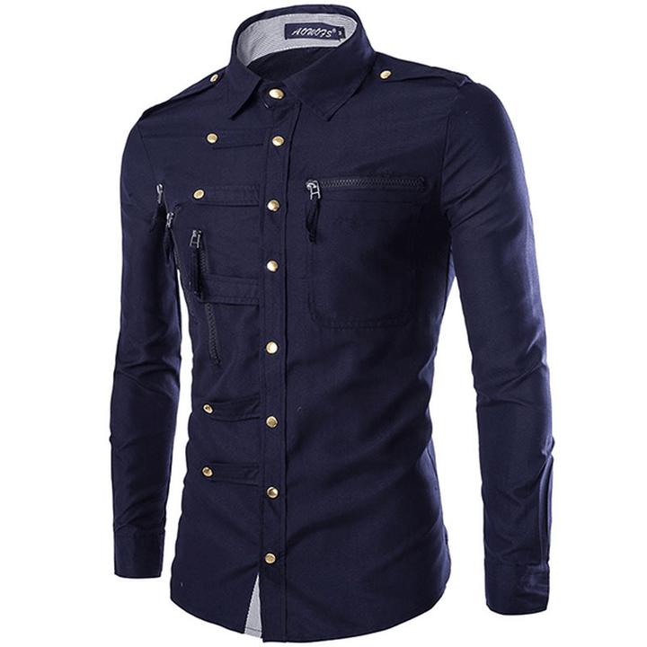 Mens Stylish Fashion Snap Fastener Multi Pockets Zippers Epaulet Decoration Slim Fit Designer Shirt - MRSLM