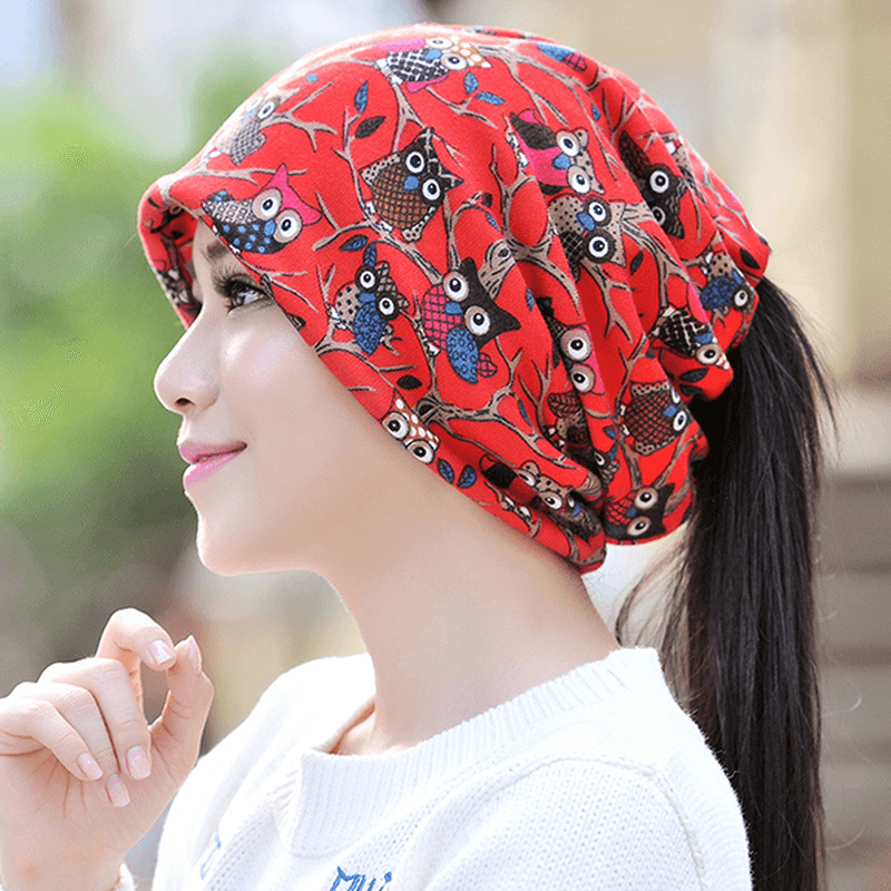 Womens Owl Pattern Slouchy Baggy Beanie Cap Scarf Multi-Function Double Layers Windproof Warm Hat - MRSLM