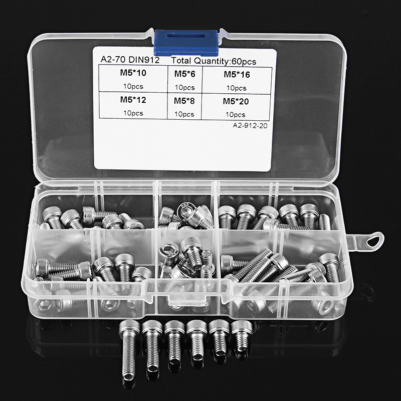 Suleve™ M5SH1 60Pcs M5 Stainless Steel 6-20Mm Hex Socket Cap Head Screw Allen Bolt Assortment Kit - MRSLM