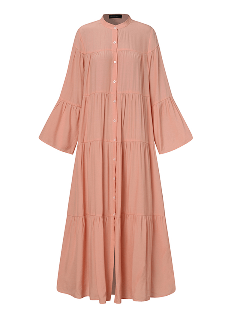 Women Tiered Button up O-Neck Pleated Casual Flare Sleeve Maxi Swing Dresses - MRSLM