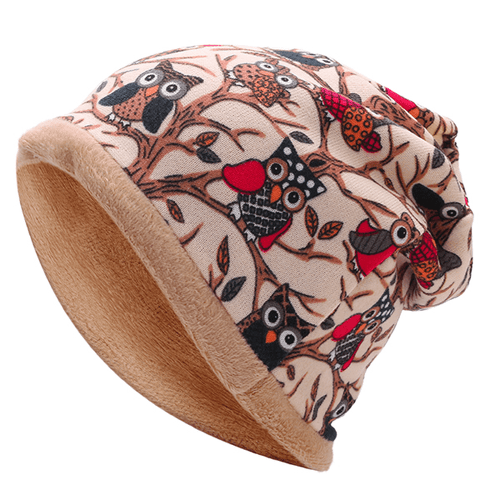 Womens Owl Pattern Slouchy Baggy Beanie Cap Scarf Multi-Function Double Layers Windproof Warm Hat - MRSLM