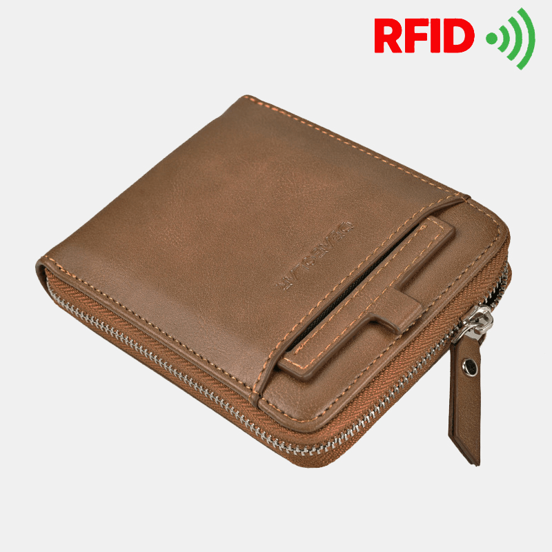 Men Faux Leather RFID Anti-Theft Retro Zipper Card Holder Wallet - MRSLM