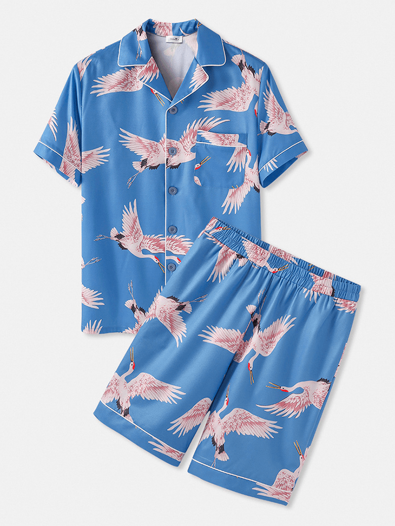 Men Chinese Style Crane Print Pocket Luxury Faux Silk Pajama Sets - MRSLM