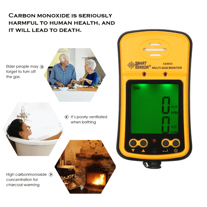 SMART SENSOR® AS8903 2 in 1 Gas Analyzer Carbon Monoxide Detector Carbonic Oxide Hydrogen Sulfide Gas Tester 0-999Ppm - MRSLM