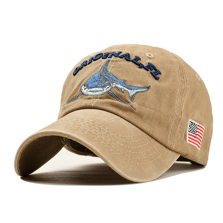 Men Women Denim Sunshade Hat Embroidered Letter Shark Washed Baseball Cap - MRSLM