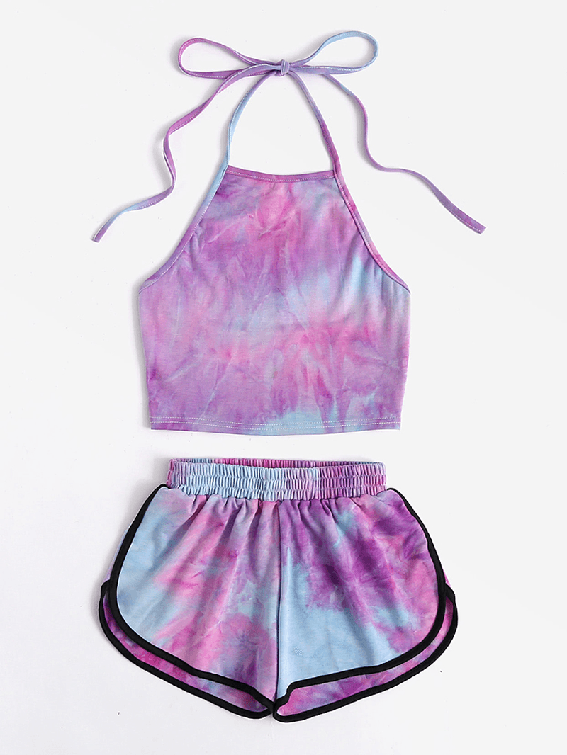 Women Tie Dye Loungewear Halter High Neck Soft Cotton Pajamas Short Sets - MRSLM