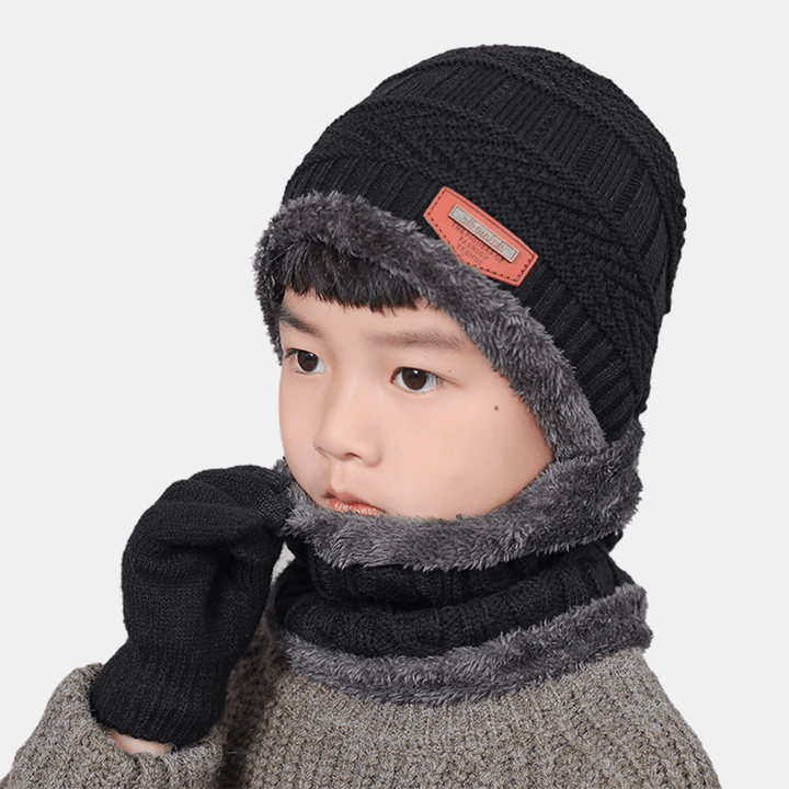 Men Child 3PCS Solid Color Keep Warm Sets Fashion Casual Wool Hat Beanie Scarf Full-Finger Gloves - MRSLM