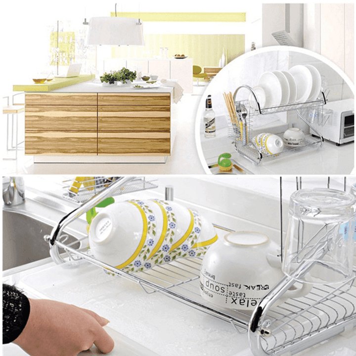 Multifunction 2 Tier Kitchen Dish Cutlery Drainer Rack Drip Tray Plate Holder Drain Shelf - MRSLM