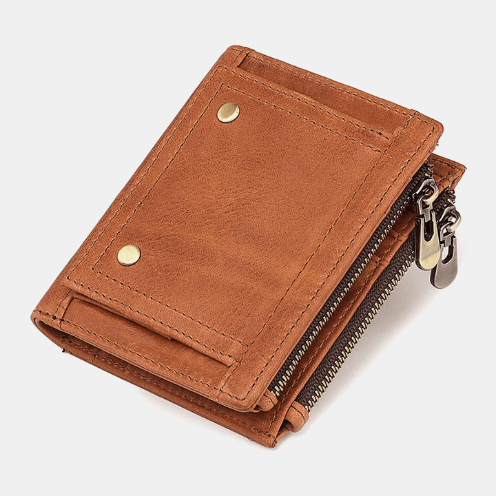 Men Genuine Leather RFID Anti-Theft Double Zipper Retro Business Multi Card Slot Leather Card Holder Wallet - MRSLM