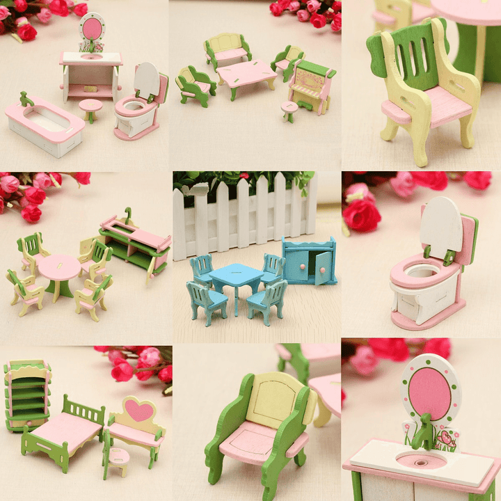 Wooden Furniture Set Doll House Miniature Room Accessories Kids Pretend Play Toy Gift Decor - MRSLM