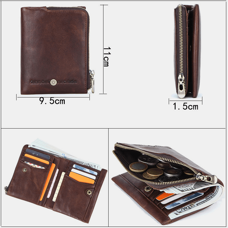 Men Genuine Leather RFID Anti-Theft Retro Business Durable Zipper Multi Card Slots Card Holder Wallet - MRSLM