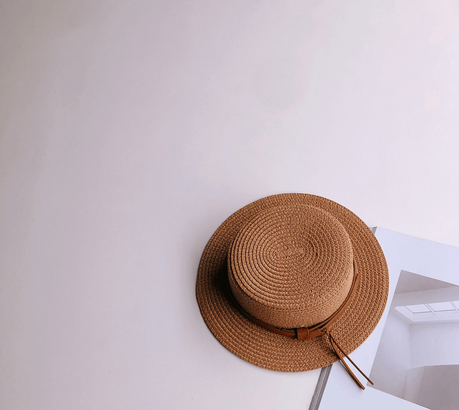 Ins Wind Personality Leather Buckle Children Flat Top Sunshade Straw Hat Summer Outing for Men and Women Baby Big along Sunshade Beach Hat - MRSLM