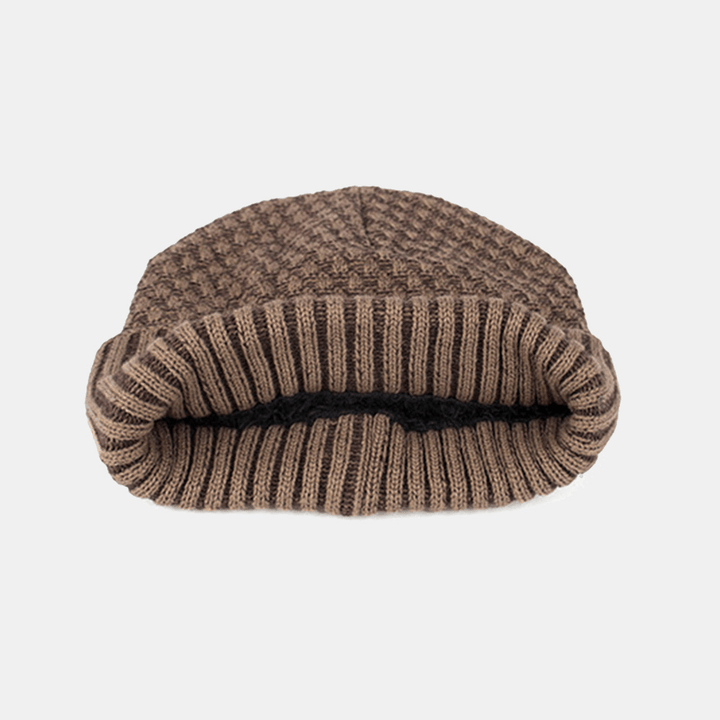 Men Solid Color Geometric Jacquard Knitted Hat Casual Acrylic plus Velvet Warm Brimless Beanie Hat - MRSLM